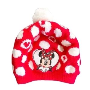 Disney Minnie Mouse Youth Girl Beanie Beret Hat Red Hearts Pom